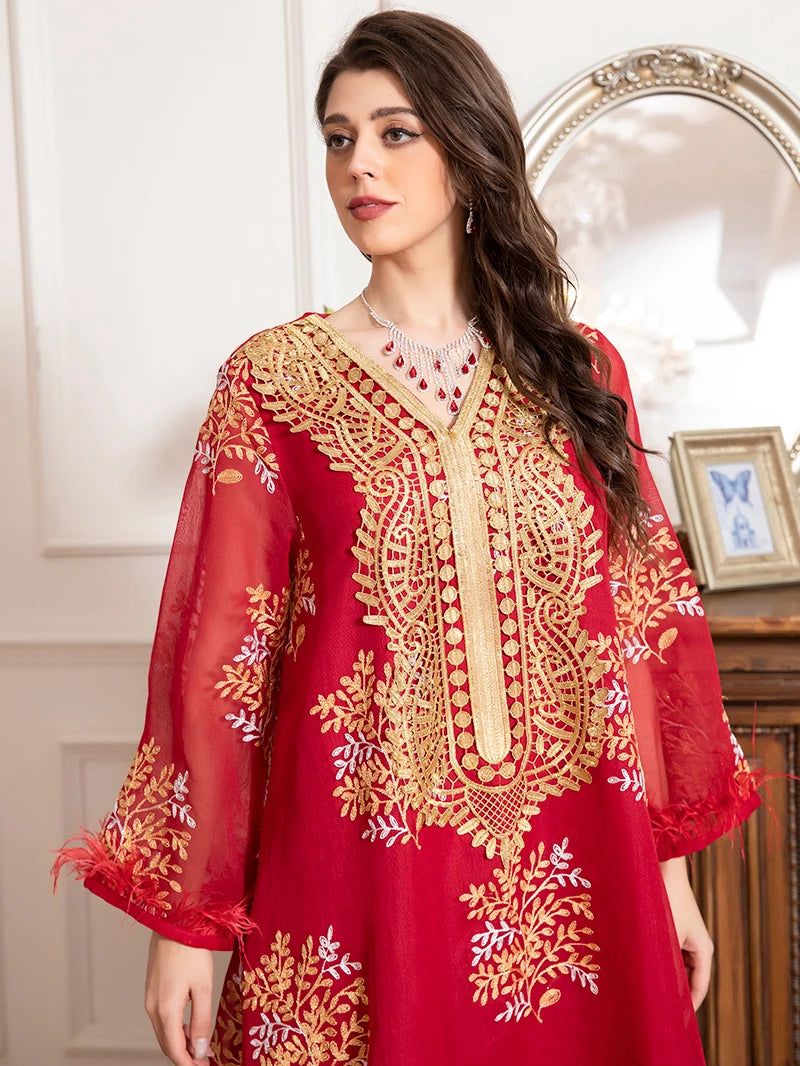 Charming banquet style Round neck Printed Embroidery Regular sleeve Kaftan suitable for all seasons