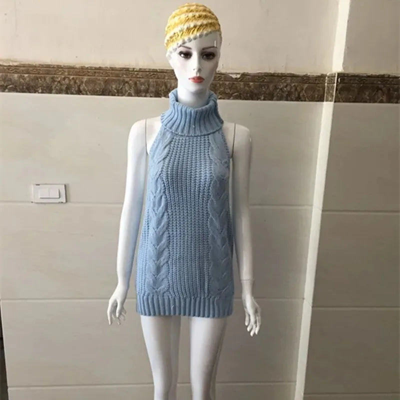 Sexy Trendy Knitted Pullover Sweater Dress for Women, Sexy Backless Apparel with Tie-up Back Design