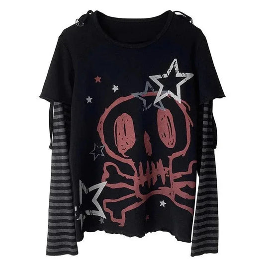 Grunge Aesthetic T-shirt  Skull Dark Graphic Long Sleeve T Shirt Women Punk Cartoon