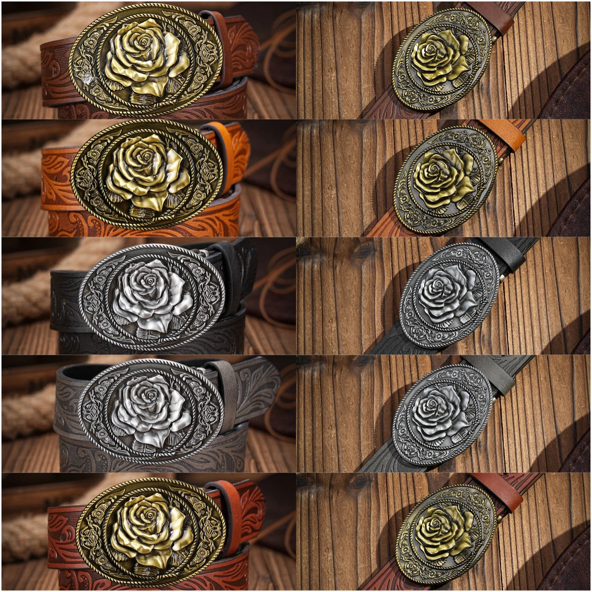 Western denim PU Belt -Women's decorative printed carved denim waistband Rose