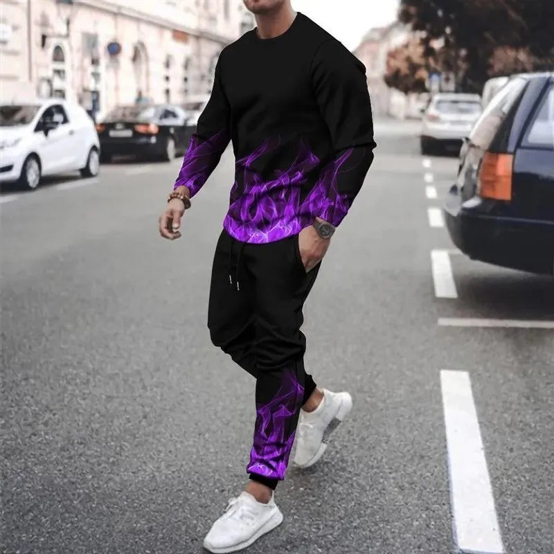 Men's 3D printed sweatshirt set Colorful Flame cap sweatshirt Sweatshirt sweatpants crew neck sportswear