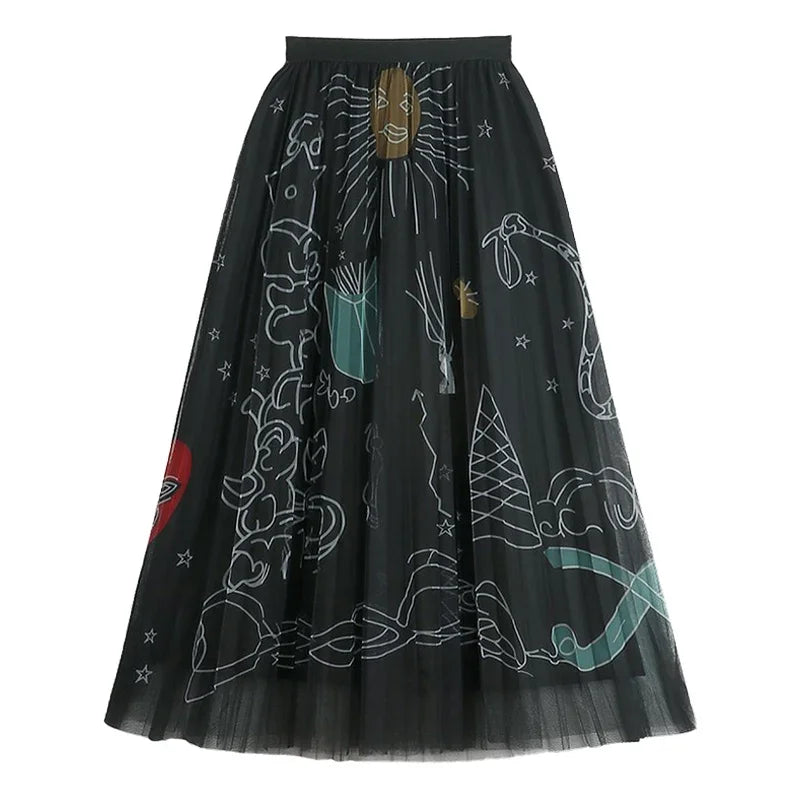 Casual Graffiti Print Pleated Midi Skirt