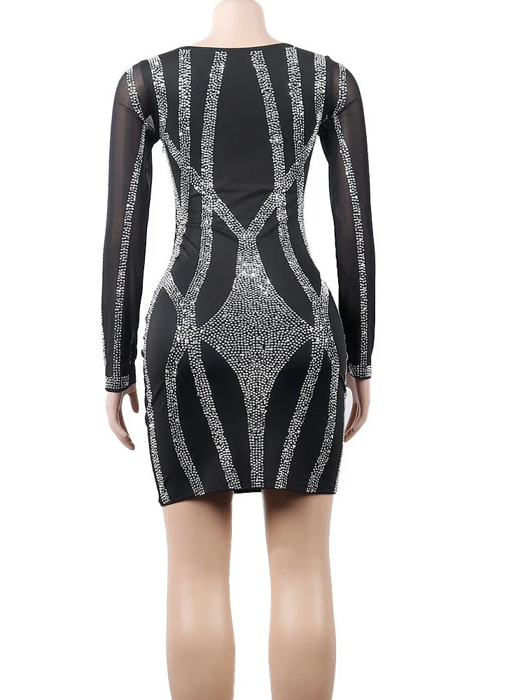 Sparkle Black Rhinestone Bodycon Mini Dress Mesh Sleeve Sequins
