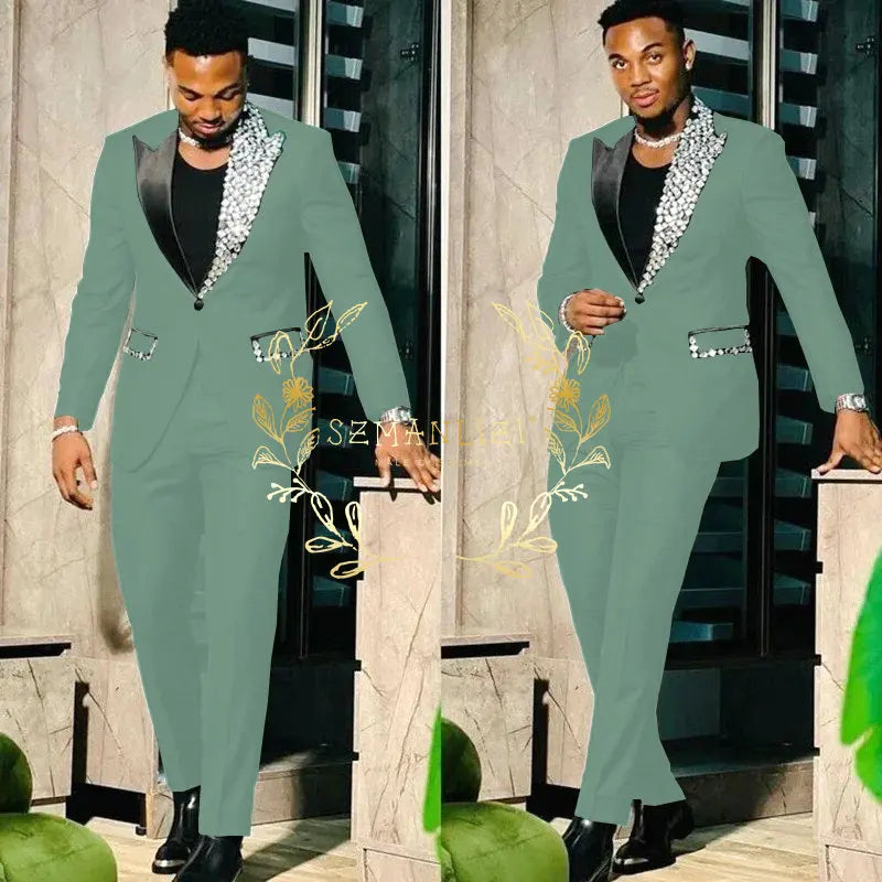 Suits for Men Slim Fit Single Breasted Peak Lapel Blazer High Quality Crystal Prom Party 2 Piece Jacket Pants Sets Terno