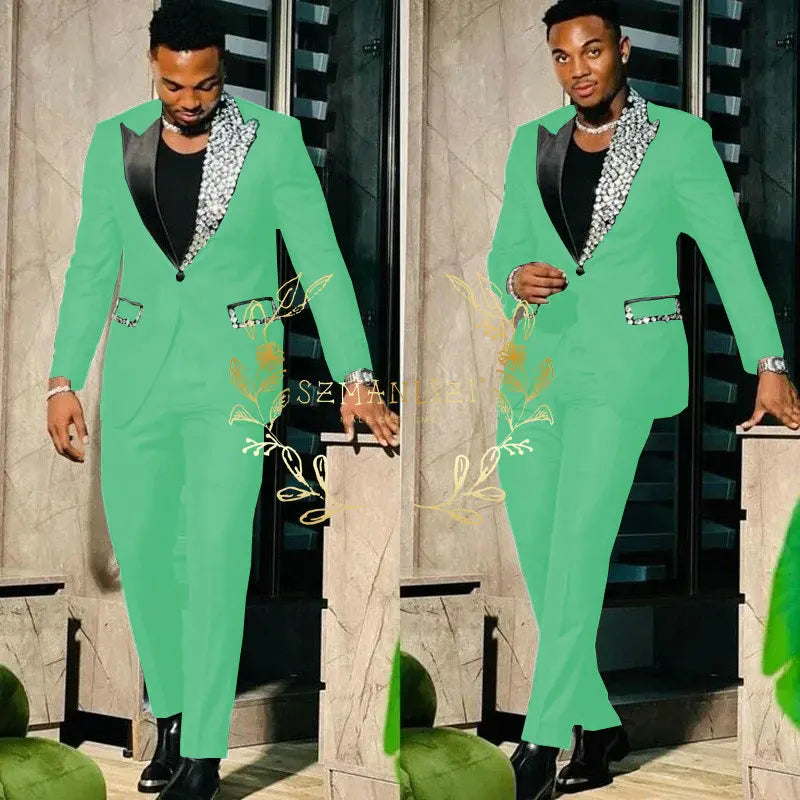 Suits for Men Slim Fit Single Breasted Peak Lapel Blazer High Quality Crystal Prom Party 2 Piece Jacket Pants Sets Terno