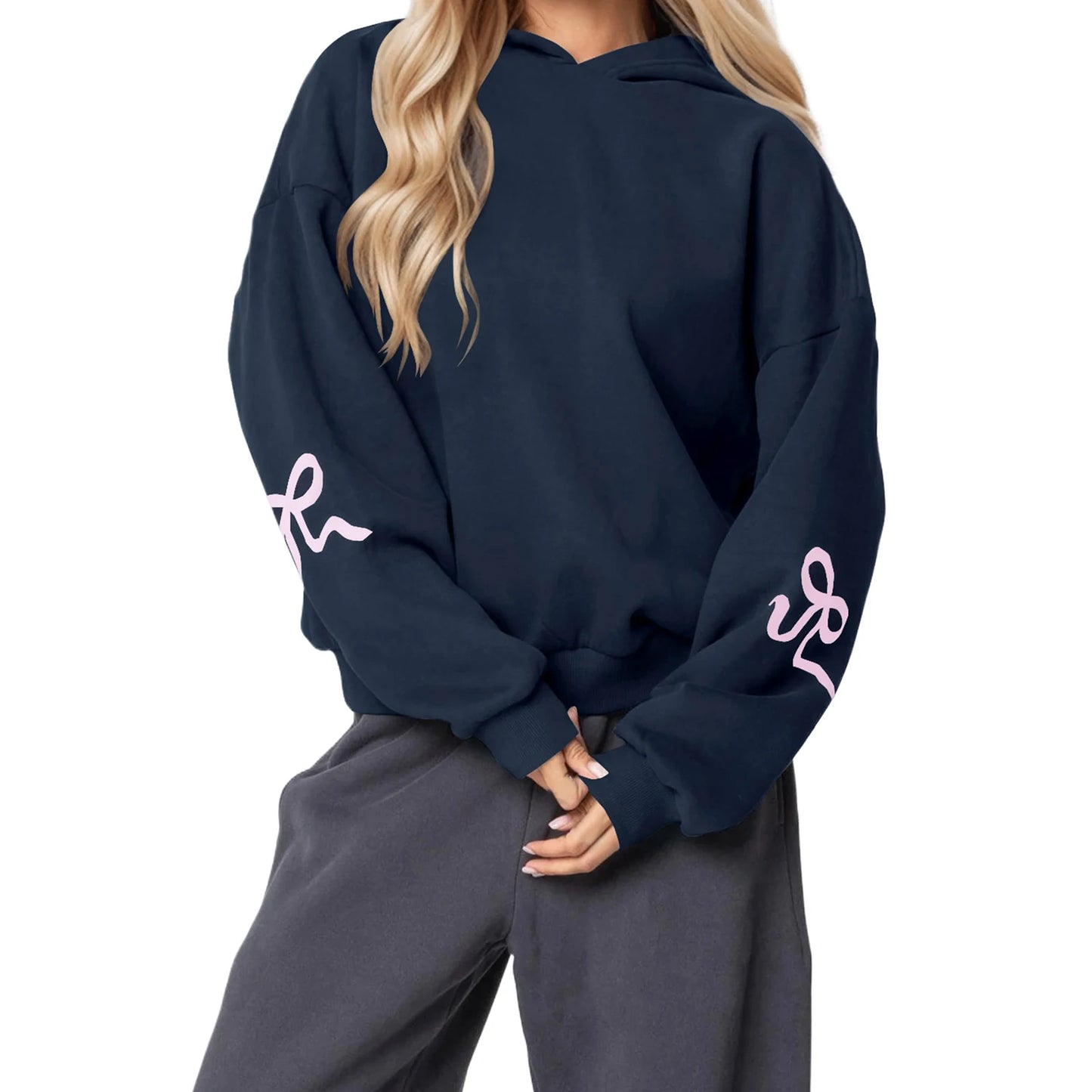 Casual Women s Oversized Hoodies with Bow Print Long Sleeve Sweatshirts Streetwear Aesthetic Tops for a Relaxed Look