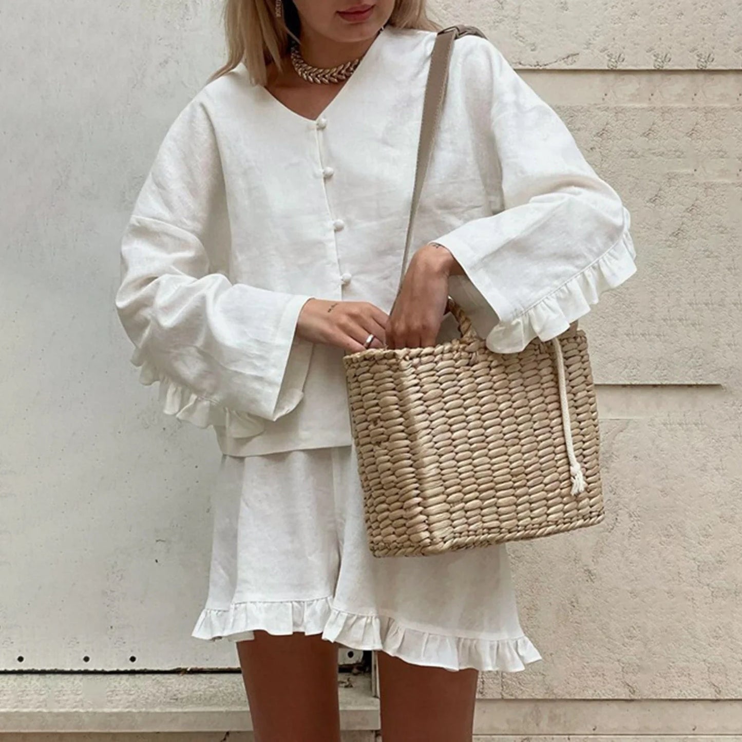 Solid Color V Neck Long Sleeve Tops Elastic Waist Ruffle Shorts 2 Piece Casual Set