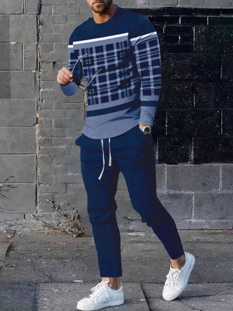 Simple Geometric Print Men's Fall Fashion Casual Crew-neck Tops And Pants Urban Street Fashion Trends Men's Tops And Long Styles
