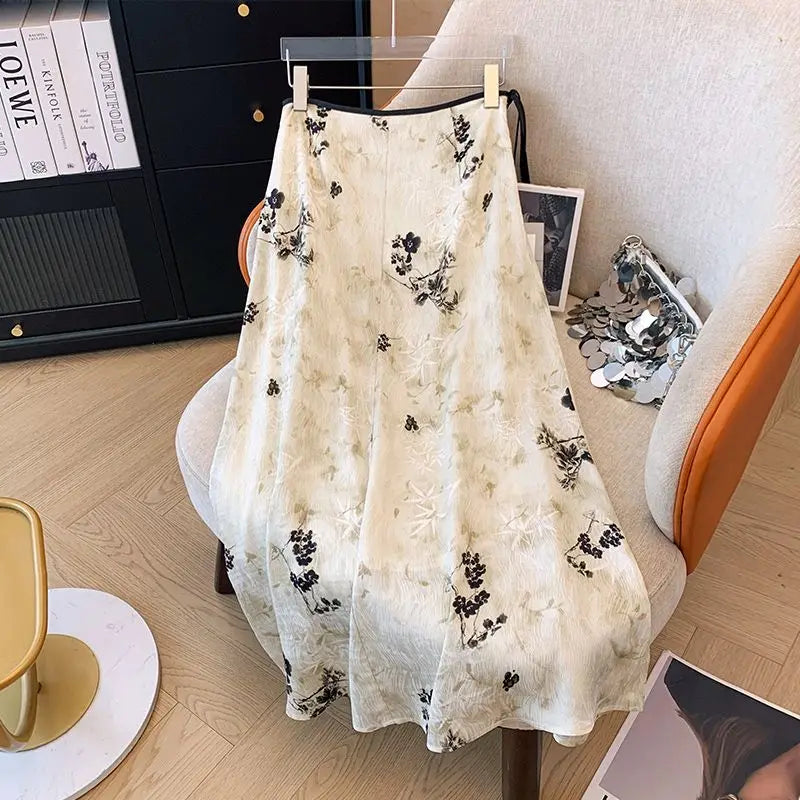 High Waist Zipper Loose Chinese Style Drawstring A-Line  Skirt
