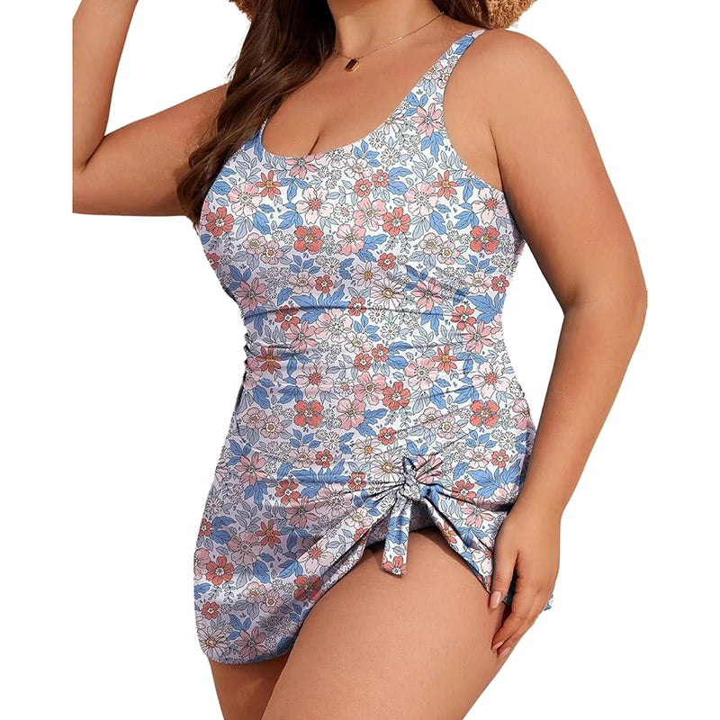 Vintage Floral Pattern Plus Size Swimwear Women Casual Slim Bodysuits Bikinis Summer 2025 New Vacation Beach Dress Bathing Suit