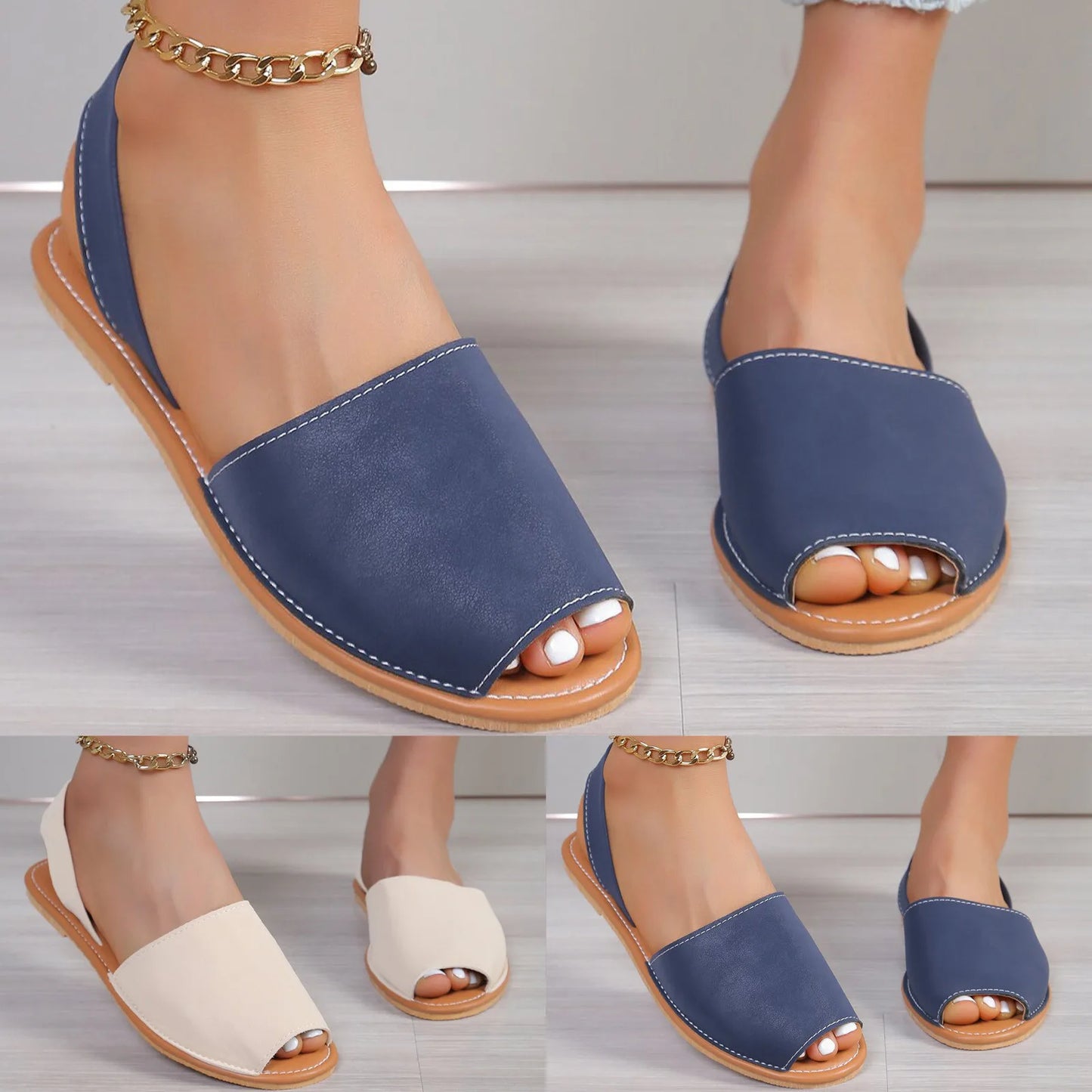 Ladies Casual Solid Color Outer Wear Flat Bottom Fish Mouth Footwear Soft Leather Large Size Sandals for Women Flat Wedge