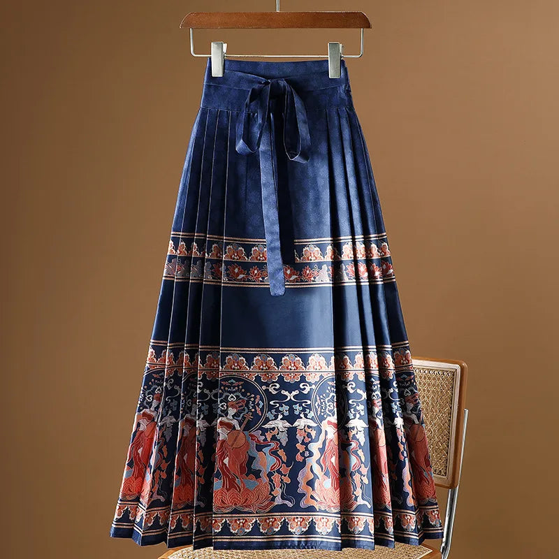 Vintage Maxi Chinese Style Horse Face Skirts  Pleated