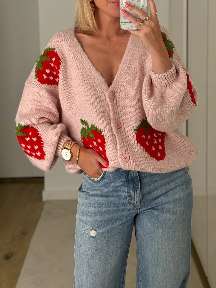 Women s Long Sleeve Knit Cardigan with Cherry Button Closure Cozy Fall Casual Jacket Sweater