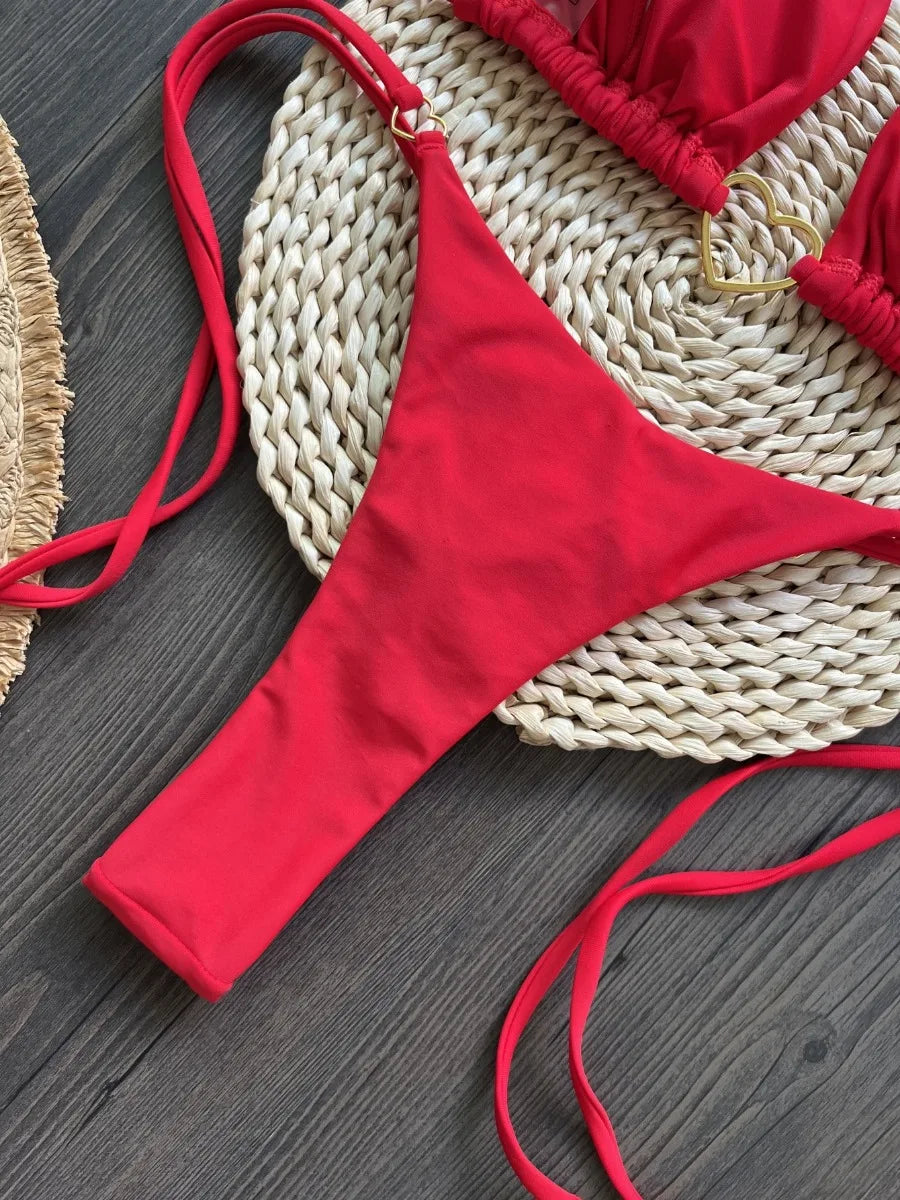 Red Solid Color Bikini Set for Women Triangle Cup Halter Backless Swimsuit  Beach Vacation Thong Swimwear