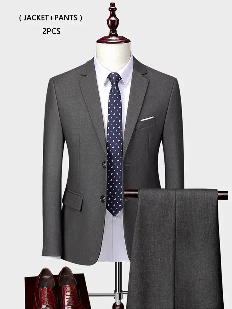 ( Jacket +Vest+ Pants ) Luxury Men's High-end Brand Solid Color Business Office Suit 3Pcs & 2Pcs Groom Wedding Party Suit Tuxedo