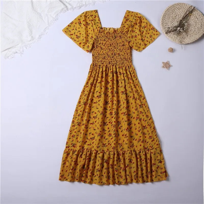 Spring Summer Chiffon Dress Women Midi Dresses Female Short Sleeve Elastic Waist Printed Floral Pleated  Casual Dress