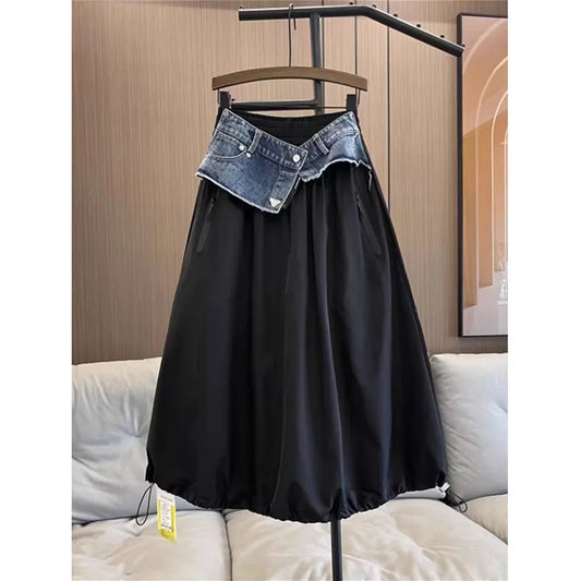 Loose Casual Cotton Denim Patchwork A-line Mid-calf Elastic Waist Skirt