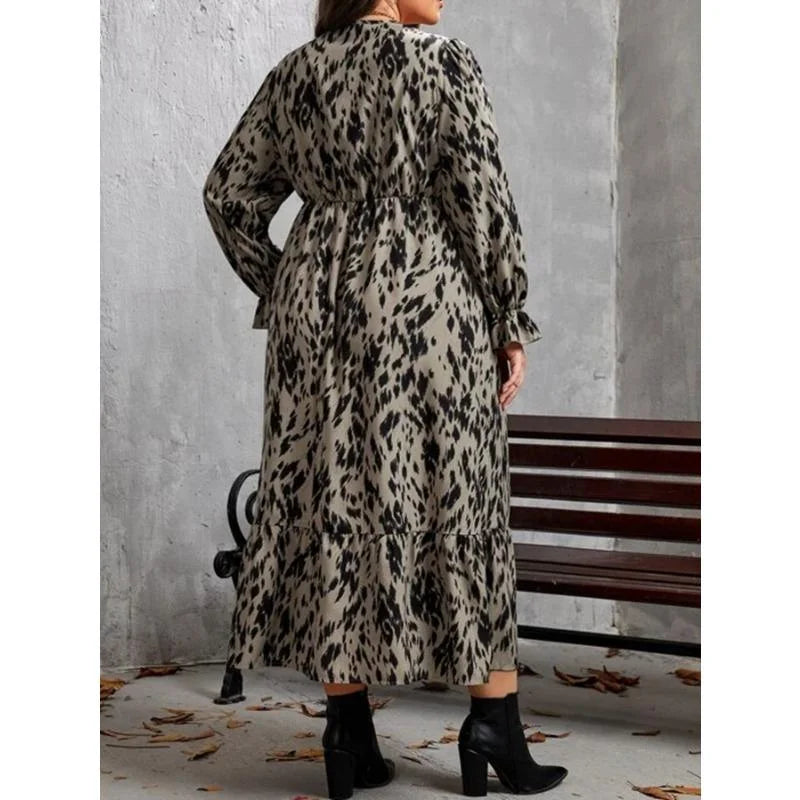 Leopard Print Fashion Lantern Sleeve Surplice Neck Midi Smock Dress