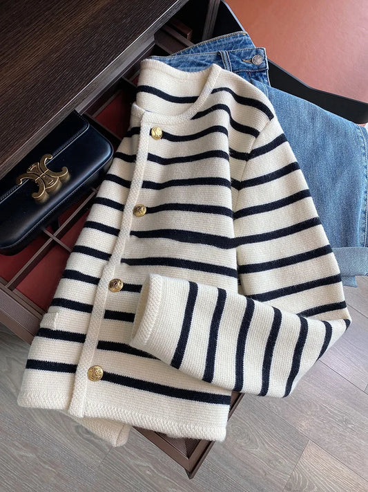 Women's Striped Knitted Cardigans Spring Autumn O-neck Single Breasted Long Sleeve Crop Tops Fashion Casual Chic Female Sweaters