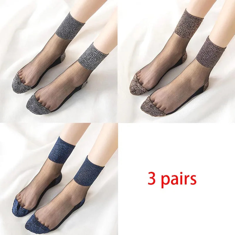 3 Pairs Spring Summer Women's Ultrathin Transparent Socks Glitter Crystal Glass Silk Socks Soft Lace Shiny Elastic Short Socks