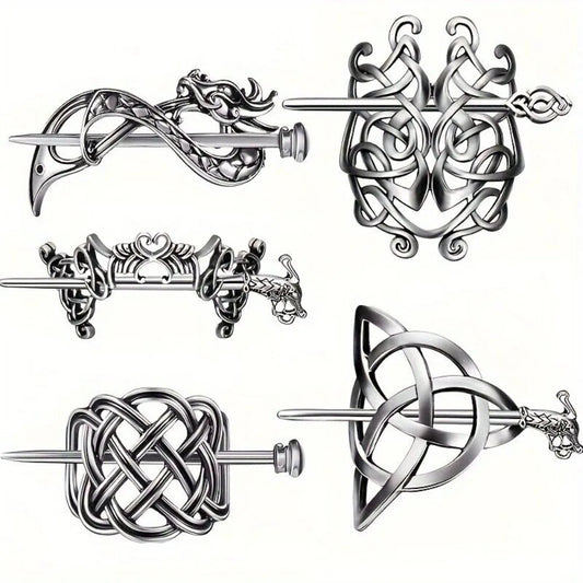 5 Pcs Viking Celtic Long Hair Clips - Vintage Silver Celtic Knot Hair Stick