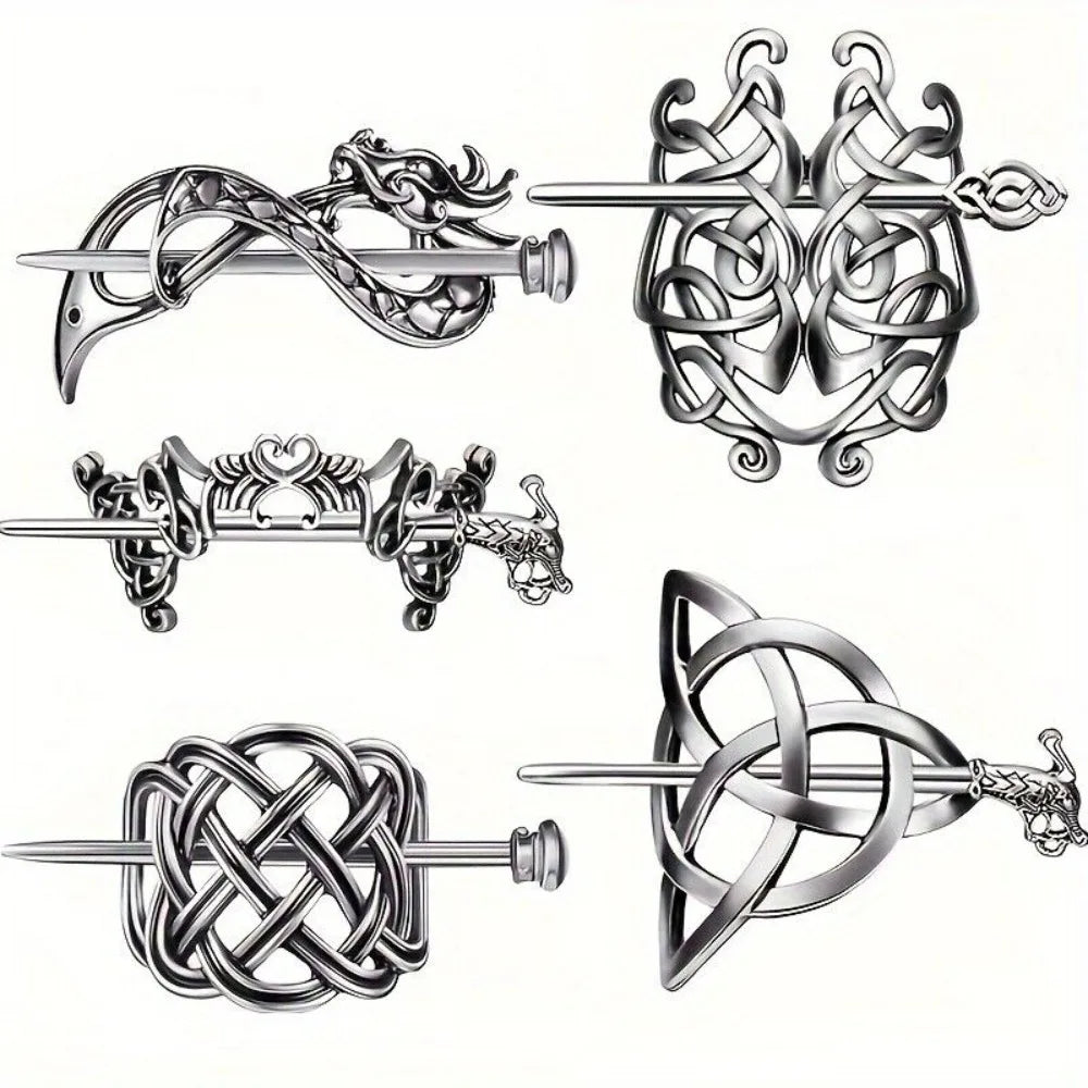 5 Pcs Viking Celtic Long Hair Clips - Vintage Silver Celtic Knot Hair Stick