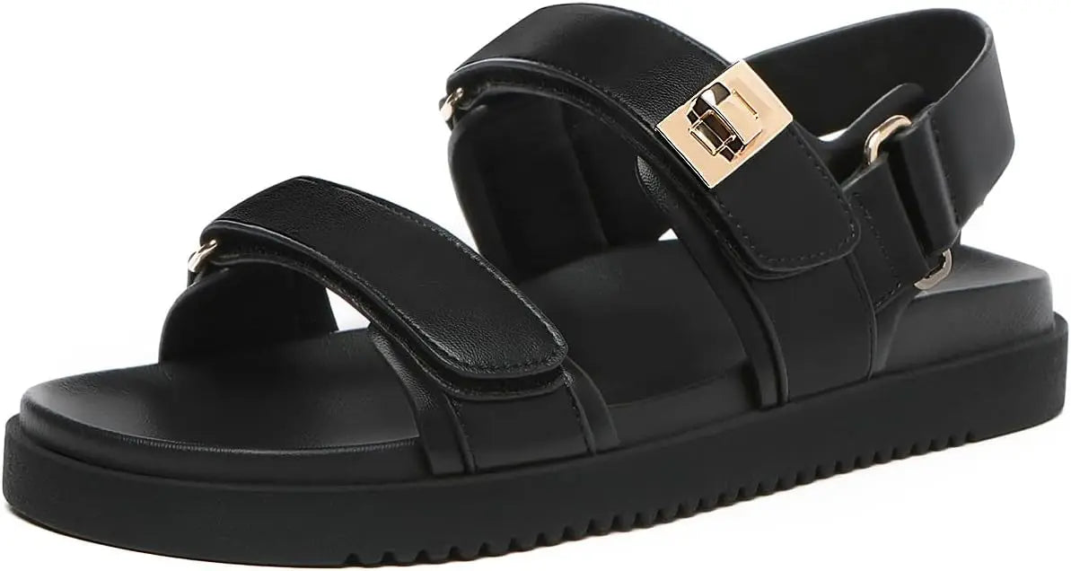 Women's Flat Sandals Comfort Adjustable Double Strap Slip on Leather Footbed Sandals for Women