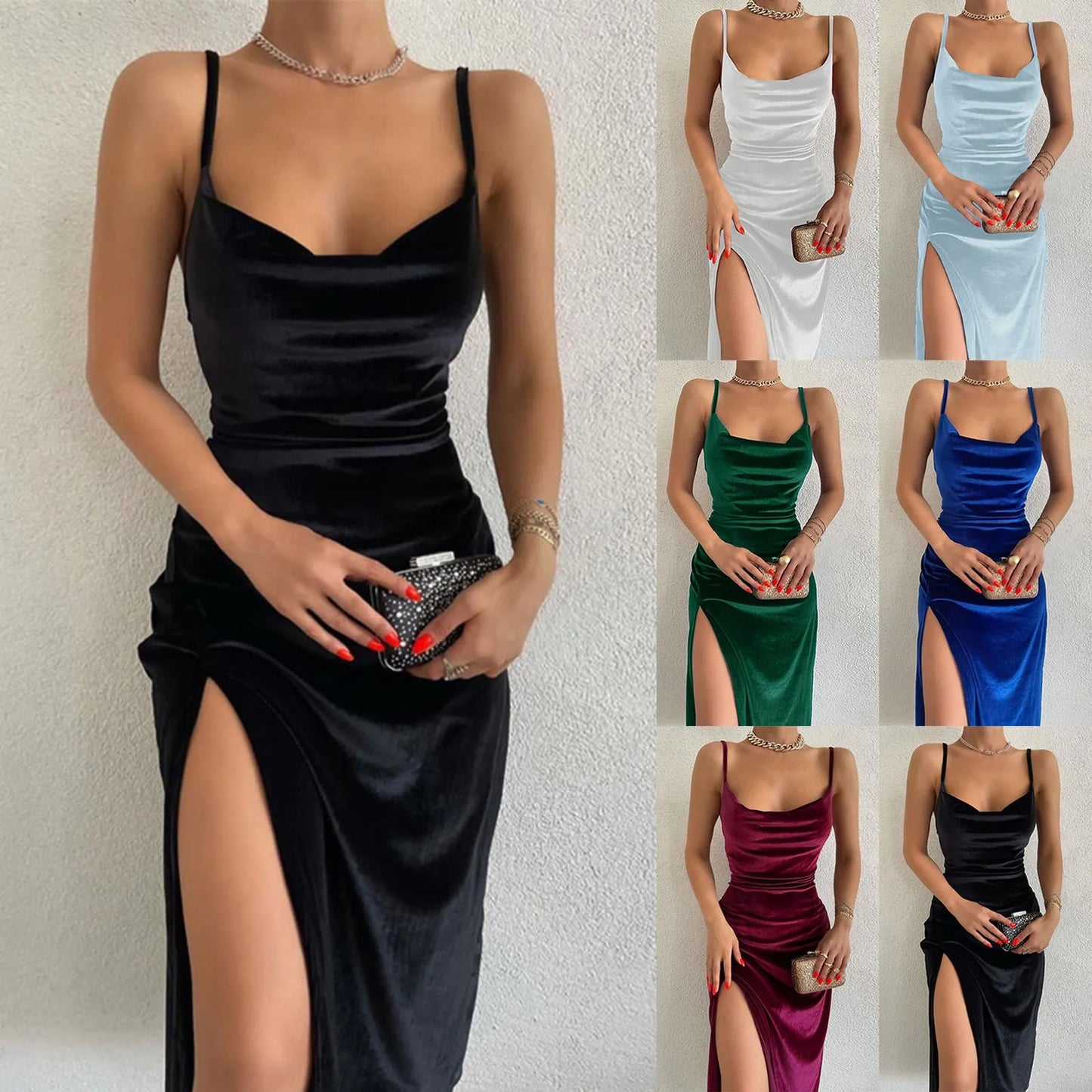 Sexy Velvet Spaghetti Strap Prom Dress Women's Fashion High Slits Evening Party Dresses