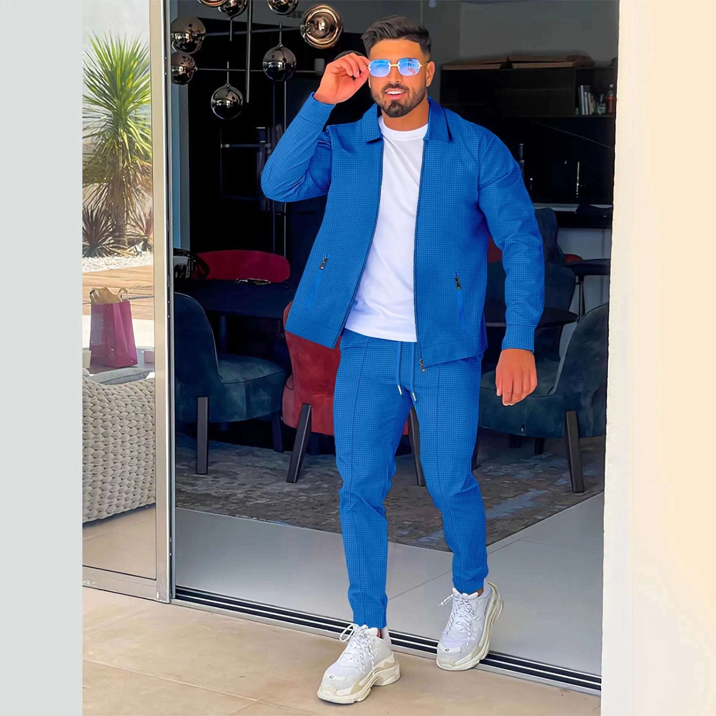 AliExpress Amazon cross-border Spring and Fall zipper pocket lapel trend jacket pants men's sports street suit