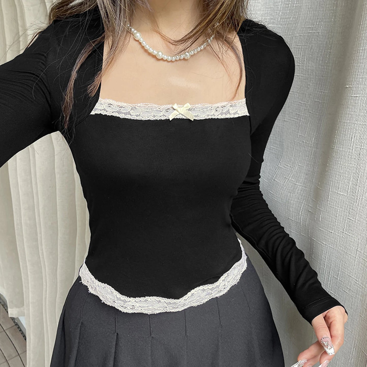 Women's Fashion Square Neck Tops Long Sleeve Elegant Lace Trim Slim Fit T-shirt