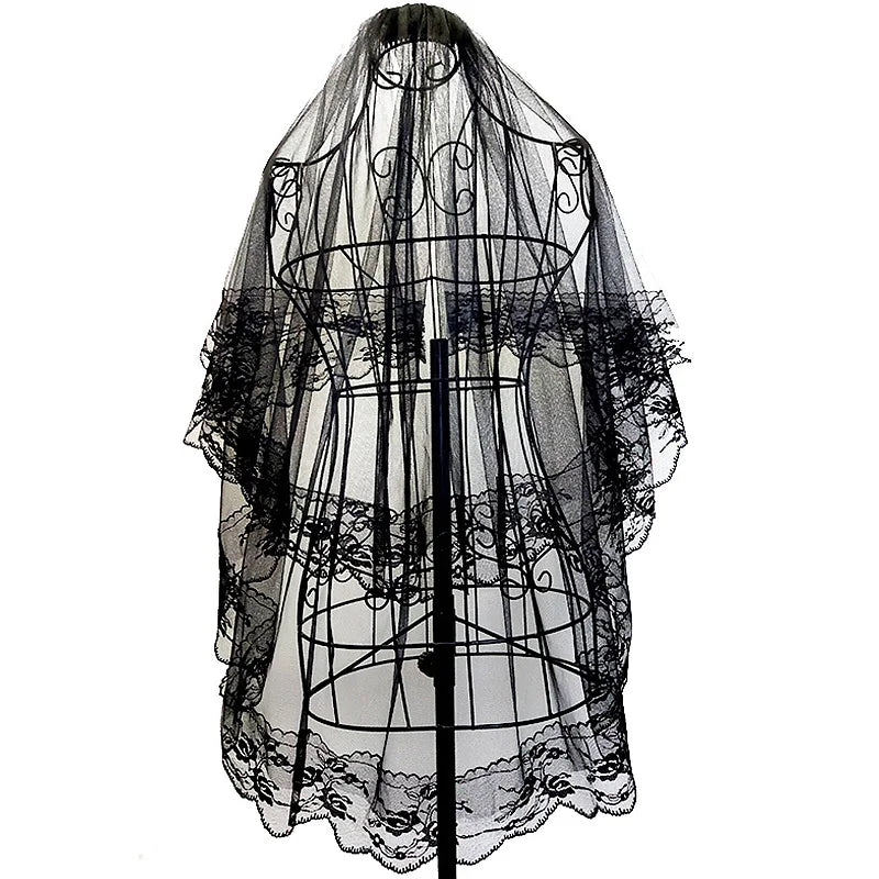 2 Tier Black/White Flower Lace Edge Bridal Veils with Comb Elegant Vintage Wedding Hair Accessories