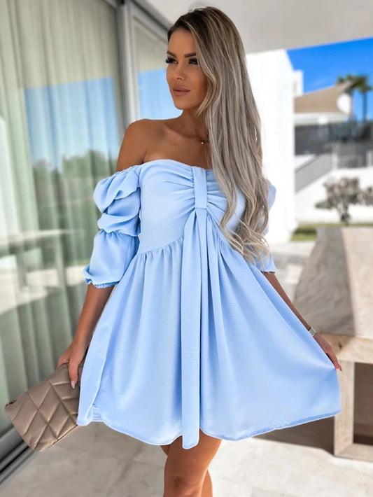 Spring & Summer Sexy Holiday Style No Collar Solid Color Strapless Sleeve Short Dress - Light Blue