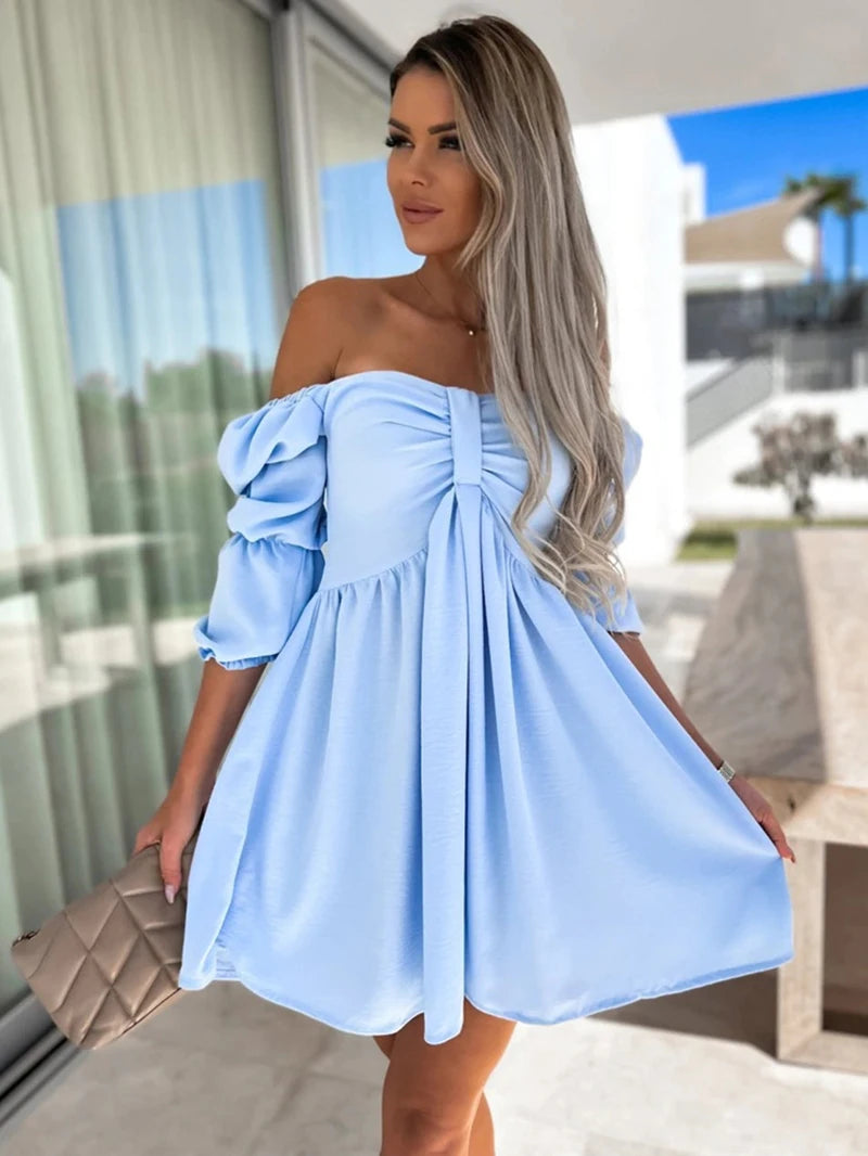 Spring & Summer Sexy Holiday Style No Collar Solid Color Strapless Sleeve Short Dress - Light Blue