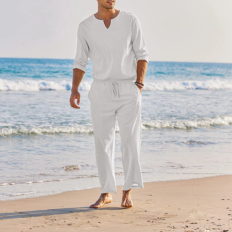 Men's Summer Cotton Linen Clothes Solid Color Long Sleeve Henley Shirt Elastic Waist Drawstring Pants 2 Pieces Loungewear Set