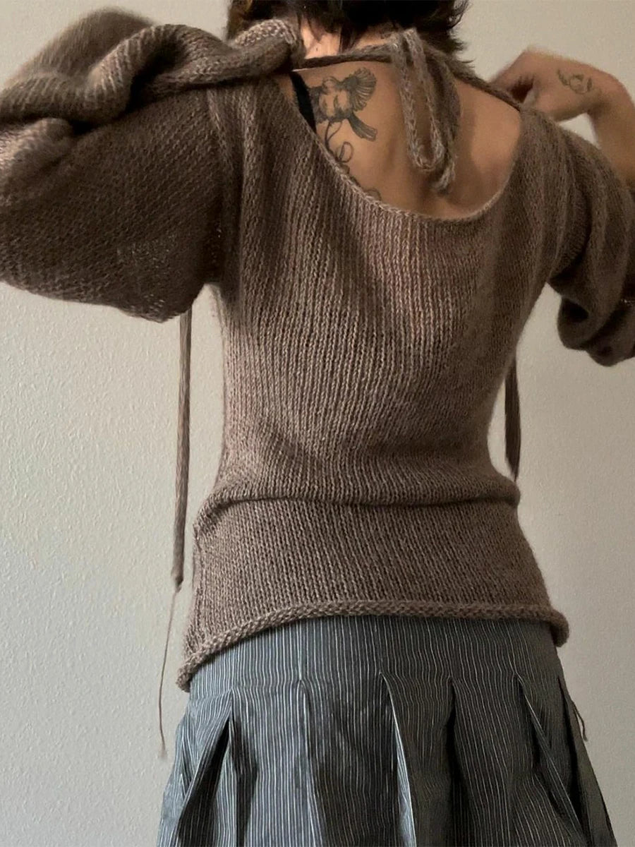 Fashion Women's T-shirt Tie Back Sweaters Long Sleeve Boat Neck Solid Color Knit Pullover Casual Tops Streetwear