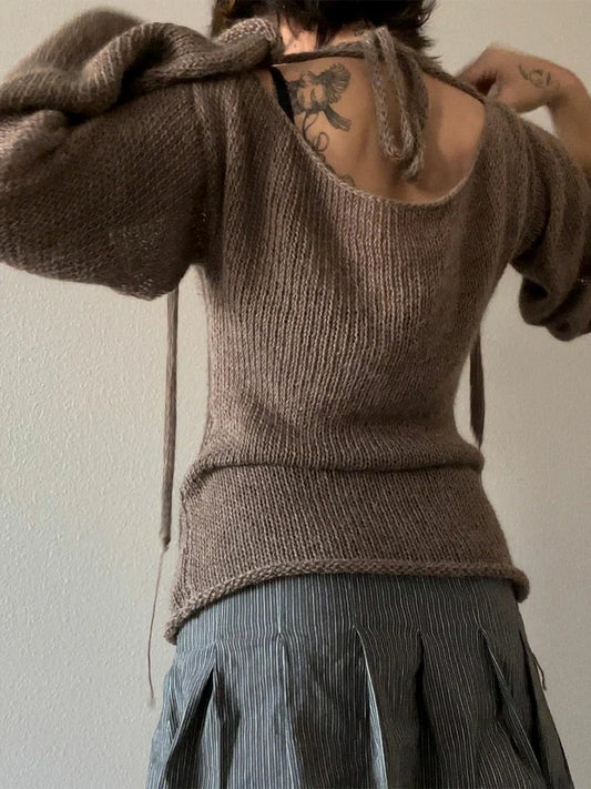 Fashion Women's T-shirt Tie Back Sweaters Long Sleeve Boat Neck Solid Color Knit Pullover Casual Tops Streetwear