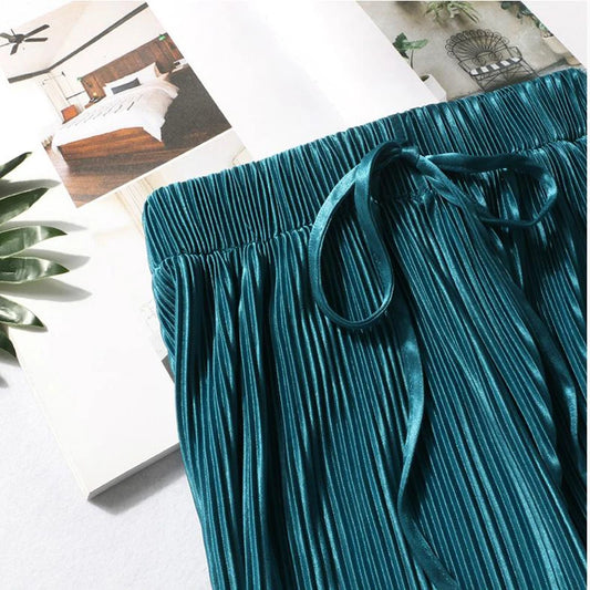 Women's Fashion Summer Wide Leg Pants Pleated Ice Silk Trousers Elastic Waist Loose Casual Pants