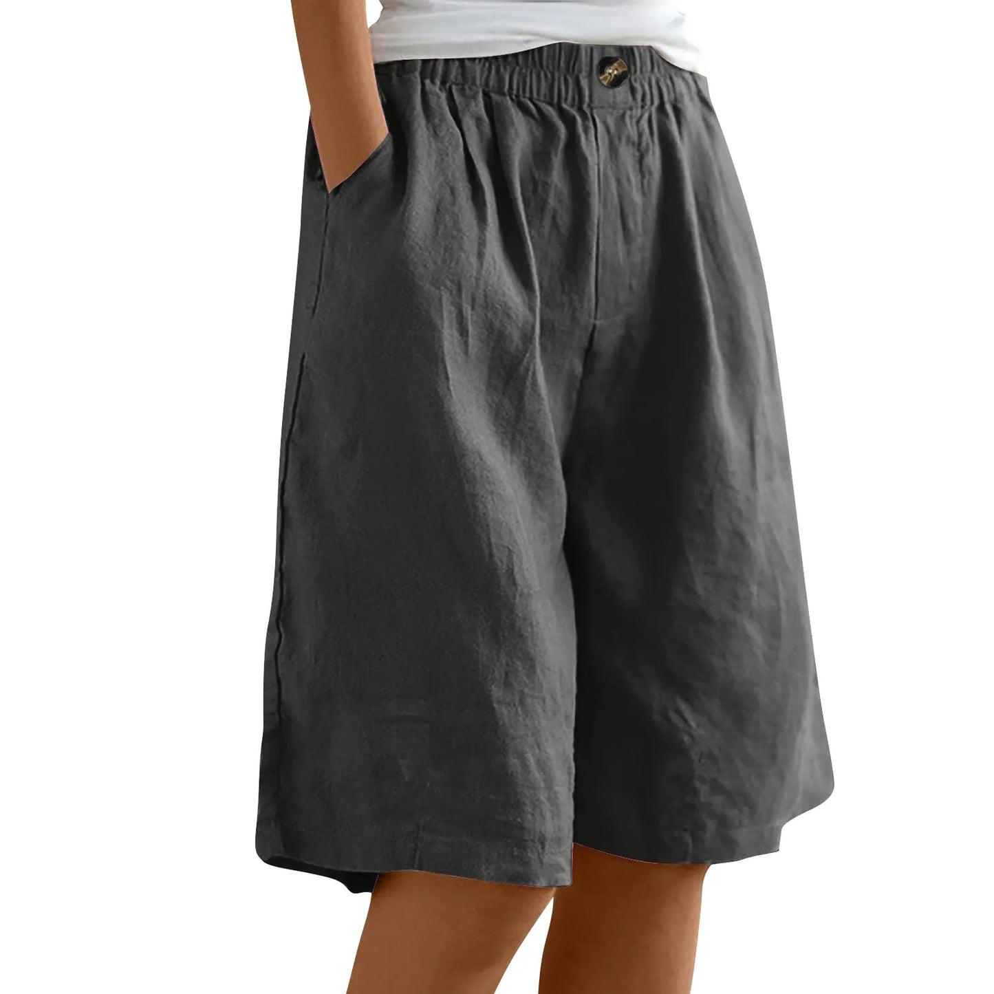 Women's Fashion Solid Color Shorts Pocket Button Up Capris Loose Elastic Waist Cotton Linen Shorts