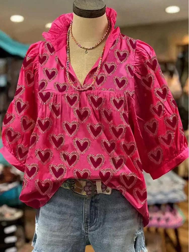 Ruffle V-neck Heart Print Puff Sleeve Top