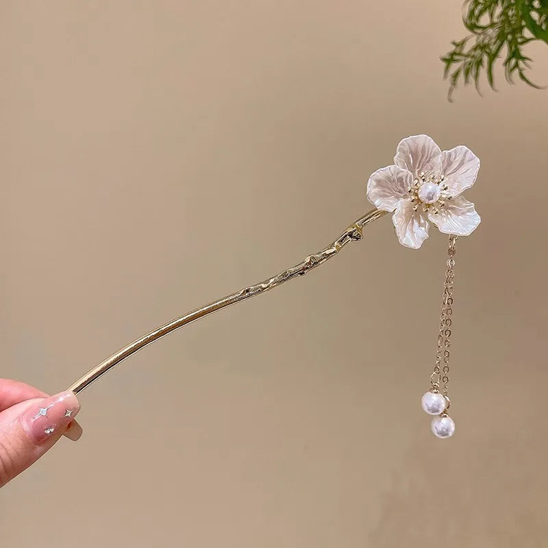 Elegant Chinese Style Hair Accessory Romantic Enameled Flower Tassel Hair Pin Alloy Jewelry Hairpin For Women Fashion Hairpin
