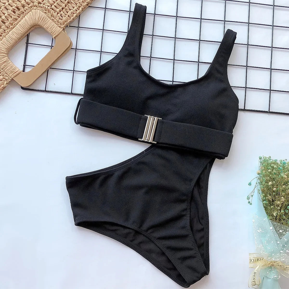 Neon Green Bikini Set  Women Buckle Push Up Swimsuit Summer Solid  Bathing Suit Beach High Waist Swimwear