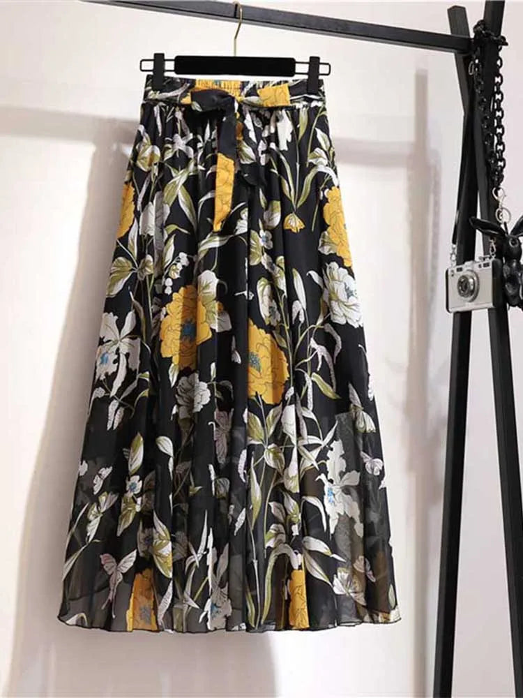 Chiffon Sun School High Waist Midi Skirt