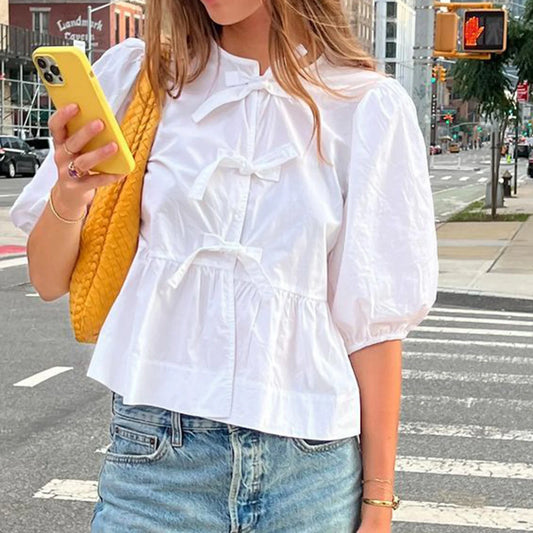 Fashion Women Peplum Shirt Puff Short Sleeve Lace Up Bow Blouse Tie Open Front