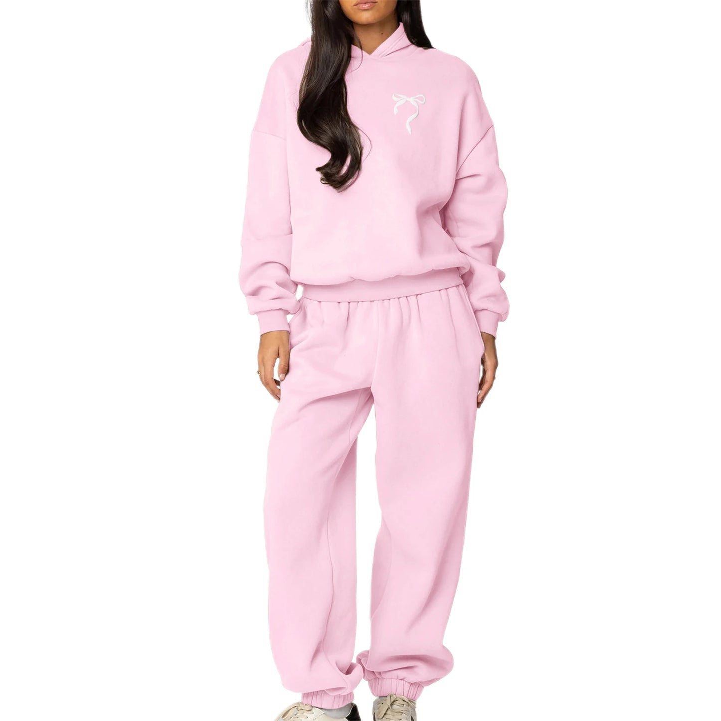 Women s 2 Piece Stylish Outfits Long Sleeve Bow Embroidered Sweatshirt Solid Color Jogger Pants Sets for Casual Wear