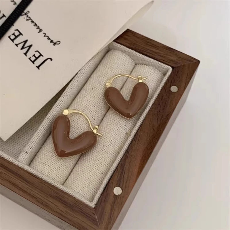 French Romantic Wine Red Enamel Heart Shaped Pendant Earrings