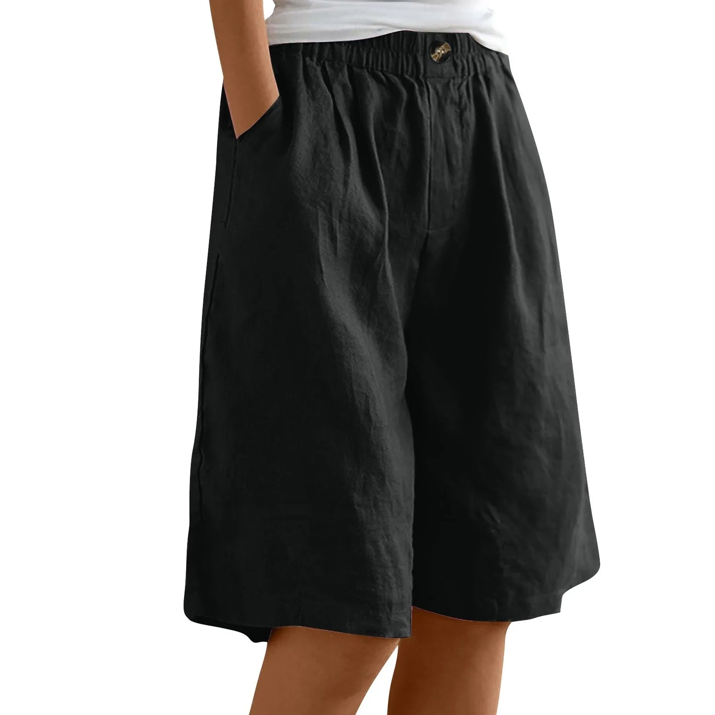 Women's Fashion Solid Color Shorts Pocket Button Up Capris Loose Elastic Waist Cotton Linen Shorts