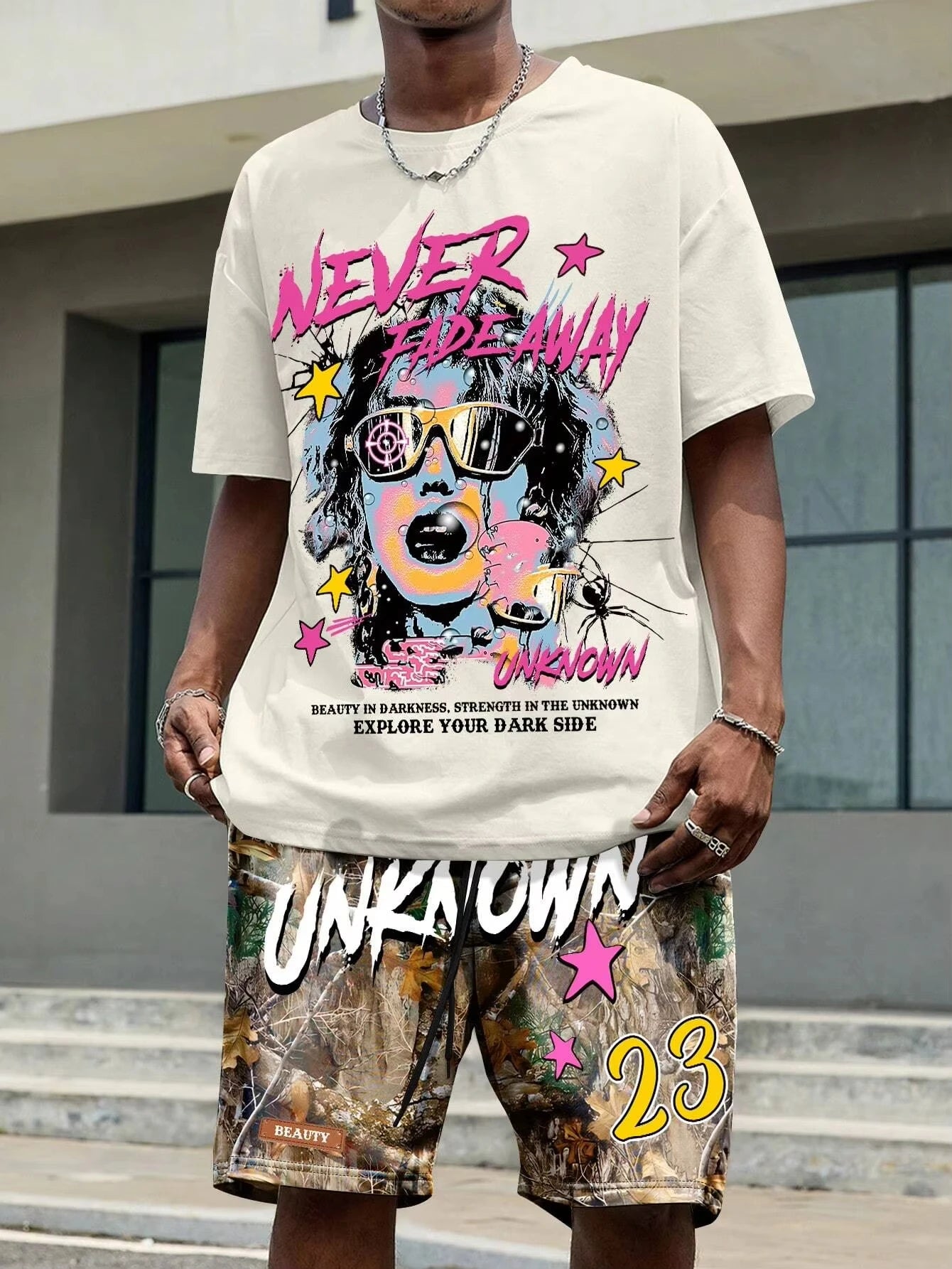 Men's round neck casual summer T-shirt, printed with cartoon characters and letter patterns, lightweight and breathable shorts