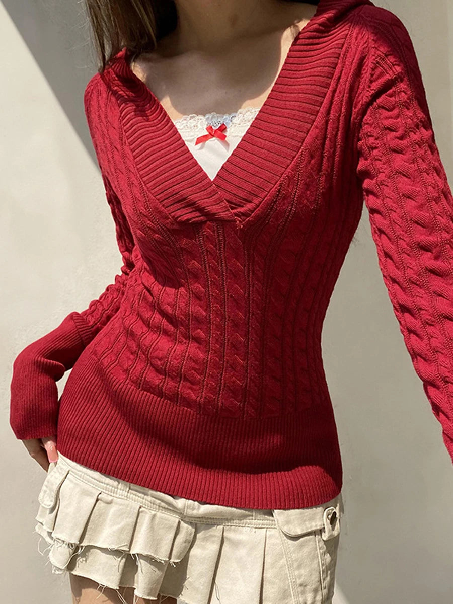 Ladies Cozy Fall Hooded Sweater with Classic Cable Knit Design Stylish V-Neckline and Warm Long Sleeves for Chilly Days
