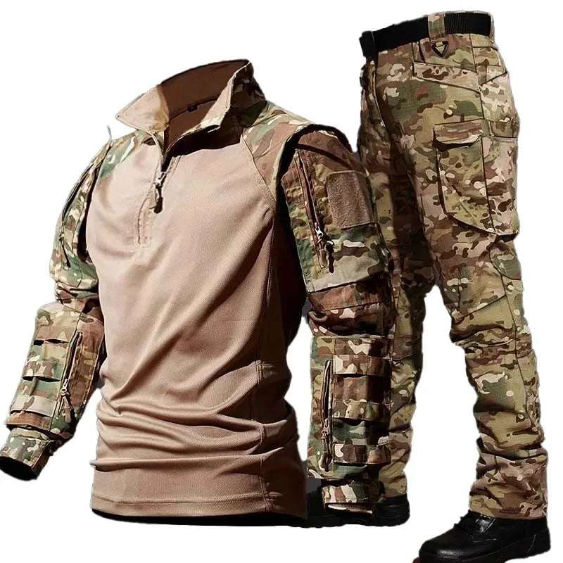 Outdoor Training Suit Men Outdoor Durable Breathable T-shirt Cargo Pants Set Waterproof Suits Multiple Pockets Camo 2 Pcs Set
