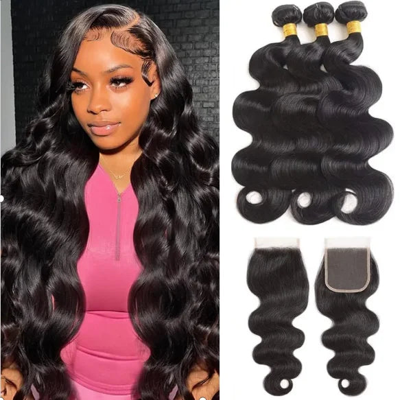 10A Brazilian Bundles with Closure Body Wave Bundles Human Hair With 4x4 Lace Closure Brown Blonde Colored 3/4 Weave Extensions